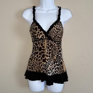 Y2K Women Small Leopard Ruffle Babydoll Top Mob Wife Baddie Maximalist Going Out